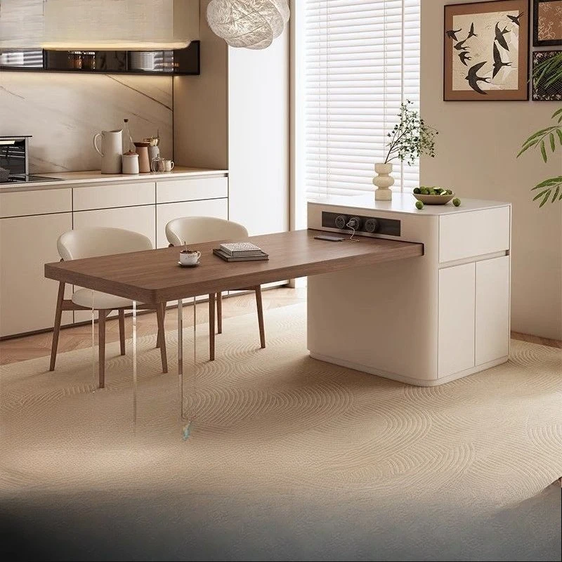 Walnut color island dining table integrated medium and ancient style suspension retractable household small apartment Nakajima