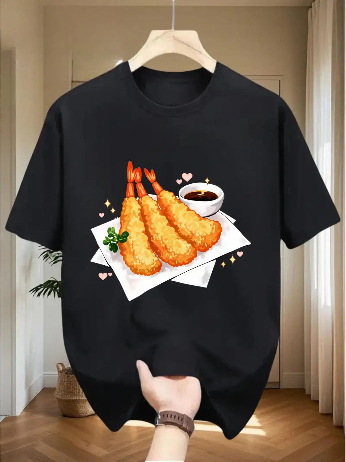 Camiseta negra con cuello redondo y estampado de comida japonesa de camarones tempura crujientes, 100% algodón