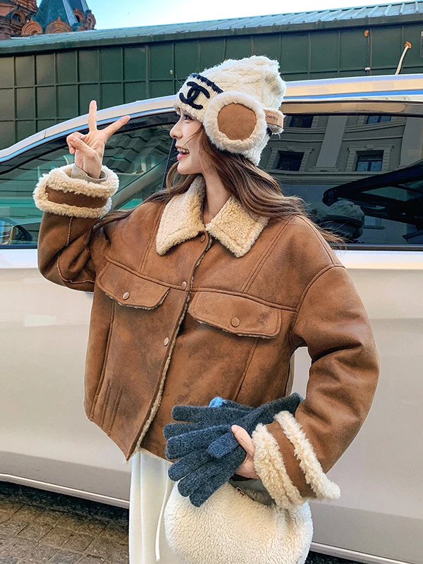 

Женская теплая куртка из овчины с воротником-стойкой, из оленьей кожи, с длинными рукавами, на пуговицах, повседневная