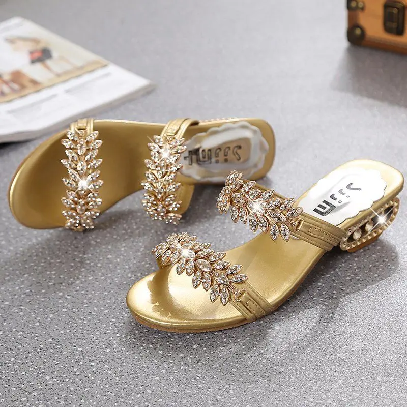 

Women's Non-Slip Summer Sandals 2026 New Chunky Heel Rhinestone Medium Height One-Strap Full Sizes Versatile Fashion Outdoor