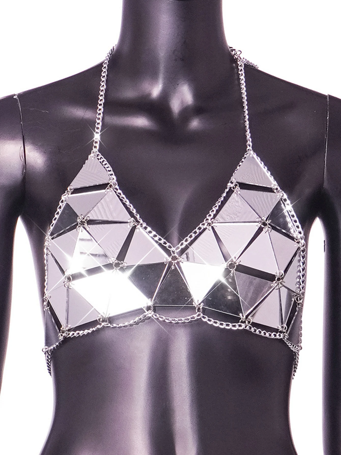 Sexy Summer Beach Women Metal Chain Hollow Sparkly Diamond Sequins Tank Top Short Halter Camis Exotic Club Party Crop Tops Vests