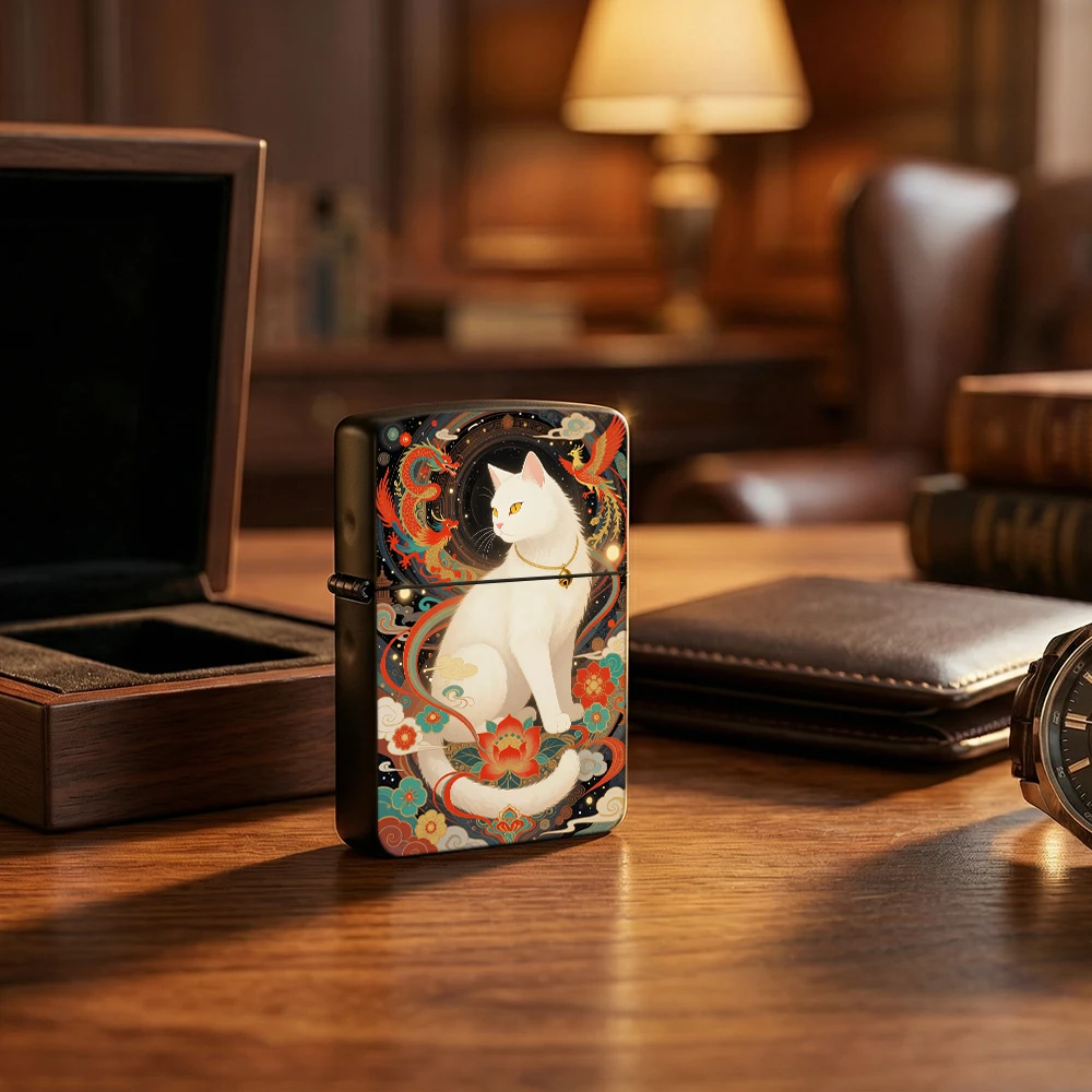 Vintage Collectible Lighters - Flip Top Lighter White Cat Dragon