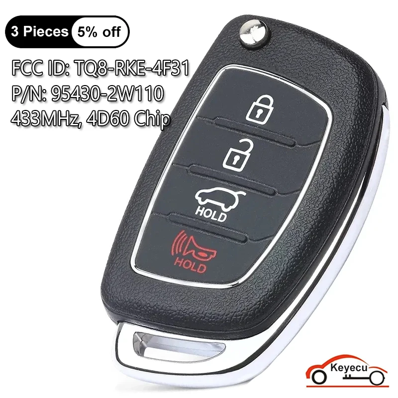 

KEYECU 4 Buttons 433MHz 4D60 Chip for Hyundai Santa Fe 2016 2017 2018 2019 Flip Remote Control Key Fob 95430-2W110 TQ8-RKE-4F31