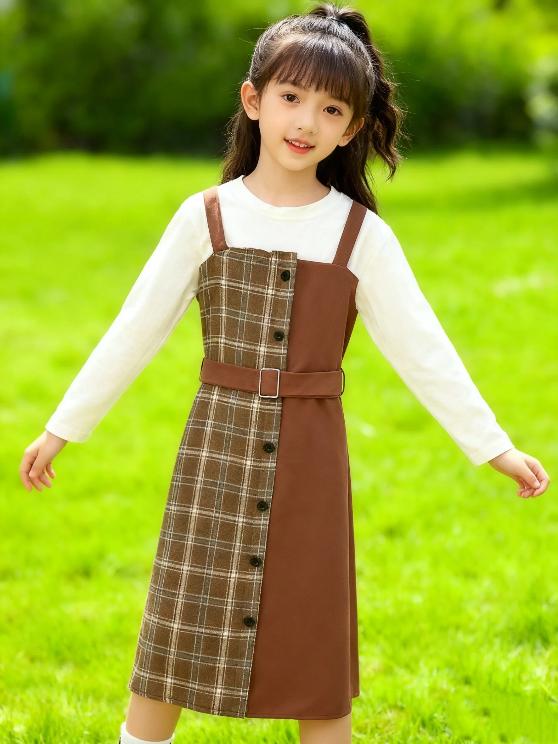 

Girls Casual Plaid Color Block Strap Waist Cinched Dress Children's Clothing Skirt Dress without White T