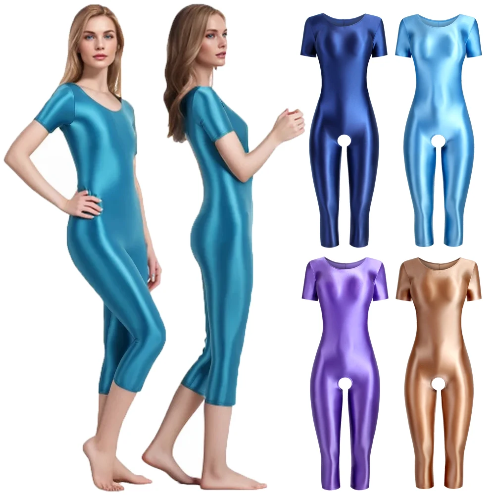 

MJINM Women Oil Satin Glossy Calf-Length Pants One Piece Jumpsuit Short Sleeve Bodysuit Stretch Open Crotch Fitness Yoga Tights