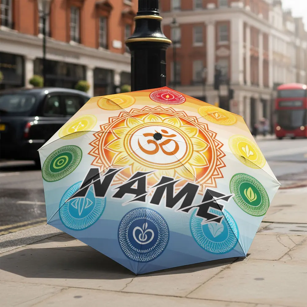 Custom Name umbrella, Chakra Symbol Umbrella with Om Mandala Design Fashion Folding Umbrella for Daily Use, Christmas Gift