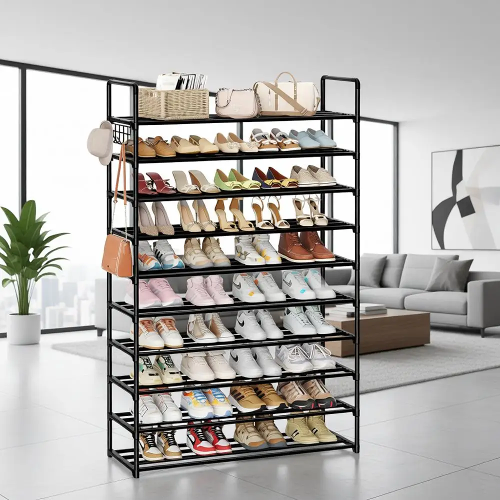 

Большая 10-ярусная металлическая полка для обуви с крючками, вмещает 40-50 пар, идеально подходит для гардеробной, прихожей, гаража, спальни