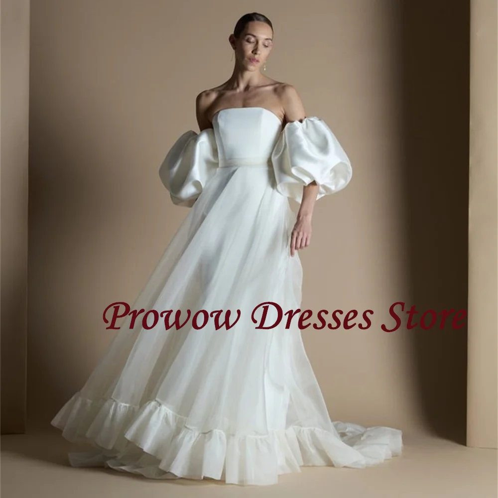 Prowow Elegant Strapless A Line Wedding Dress Puff Short Sleeves Ruffles Bridal Gown Lace Up Back Sweep Train Customized