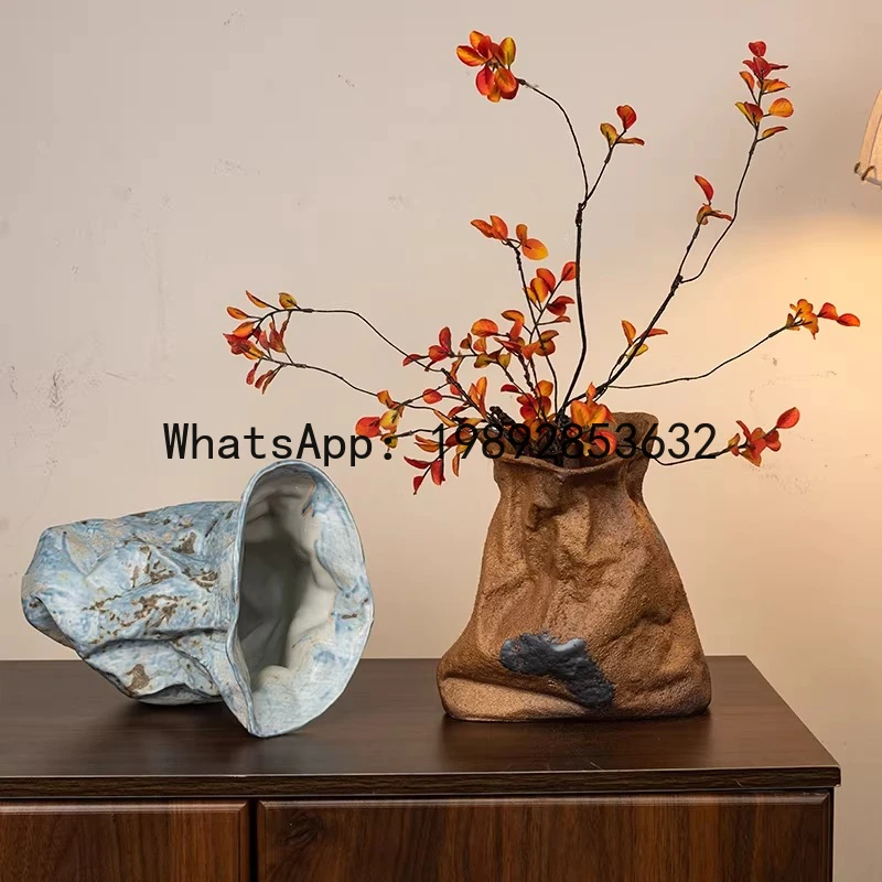 Ceramic Vase Irregularly Wrinkled Cloth Bag Abstract Flower Pot Floral Arrangement Accessories Flowerpot Vases Home Decoration
