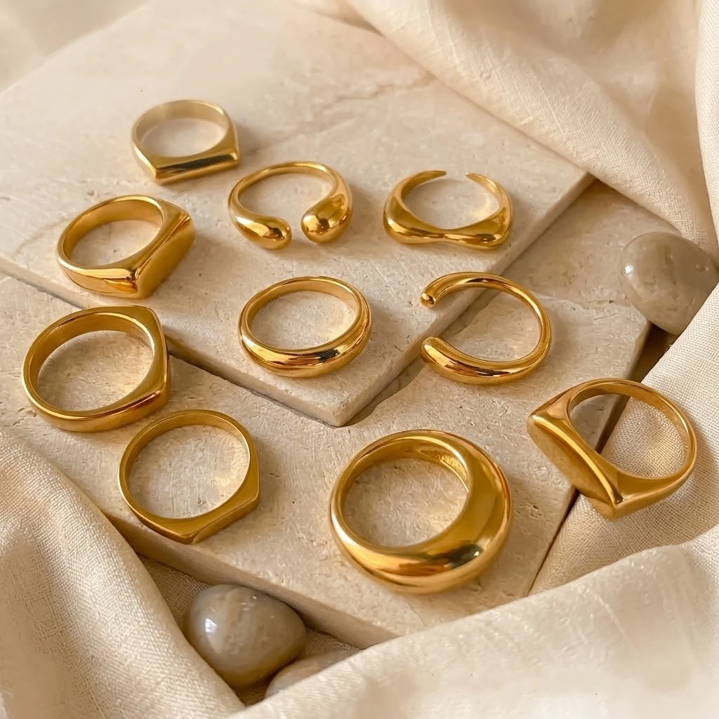 Hiraeva Edelstahl-Siegelringe für Damen und Herren, verschiedene Stile, quadratisch, gewölbt, offene Manschettenringe, stapelbar, schlichte Ringe – Detail 8