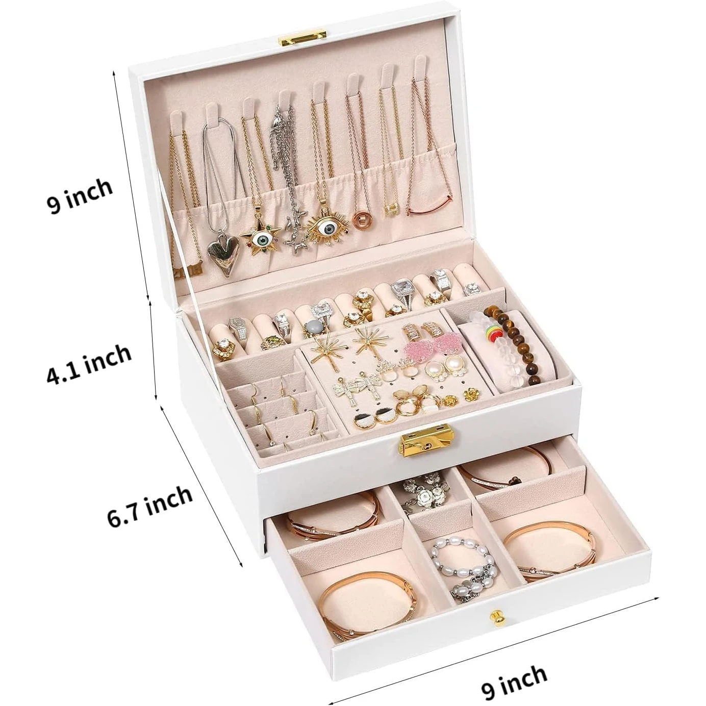 Women's Jewelry Storage Box Large Leather Jewelry Storage Box with Two Layers Display Earrings, Bracelets, Rings, Watches