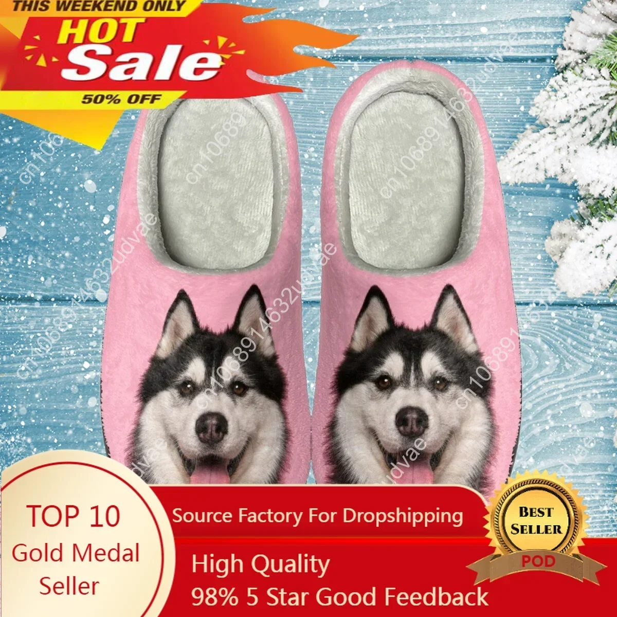 Lovely Husky Pink Indoor Slippers for Dogs Lovers Warm Home Shoes Women Slipper Indoor Silence Comfort Floor Slides
