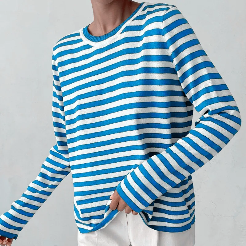 Women Striped Knit Sweater Round Neck Long Sleeve Loose Fit Pullover Casual Ladies Autumn Winter Knit Top