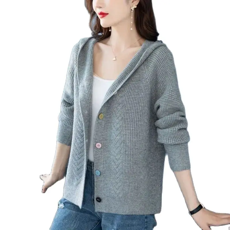 

Hooded Cardigan Ladies Solid Color Cover Loose Mother Fashion Sweater Coat Bottoming Shirt Spring And Autumn 2024 New Sweater