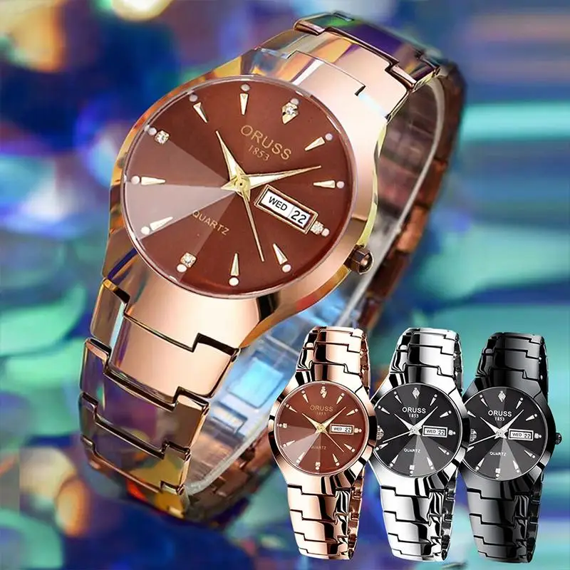 Reloj ORUSS para parejas, resistente al agua, informal, a la moda, relojes de cuarzo para hombres y mujeres, reloj de acero inoxidable con fecha y semana para hombres, regalo con fecha para amantes