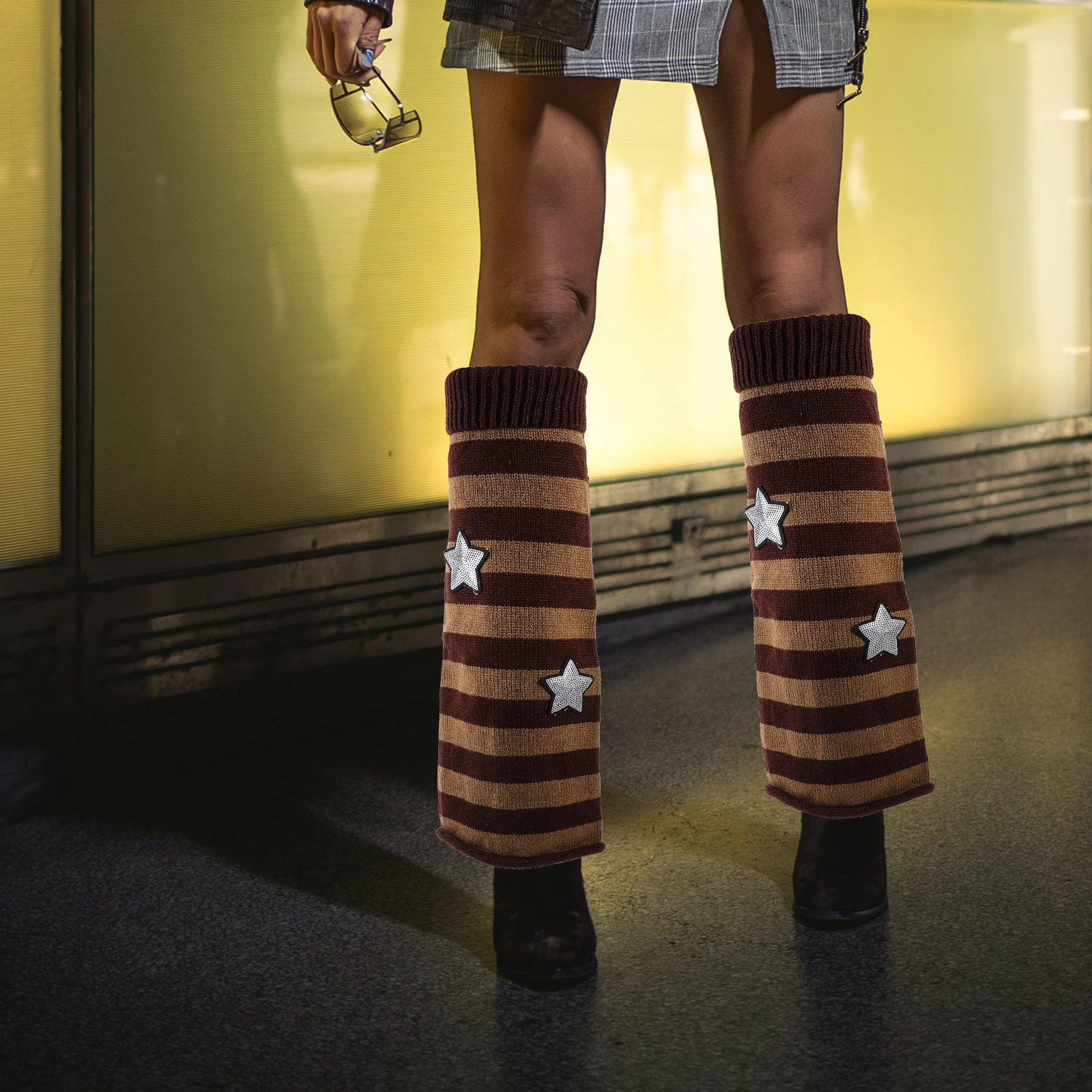 

Slimming Star Pattern Knitted Leg Warmers Black White Striped Women Girl Winter Fashion Warming Socks Leggings