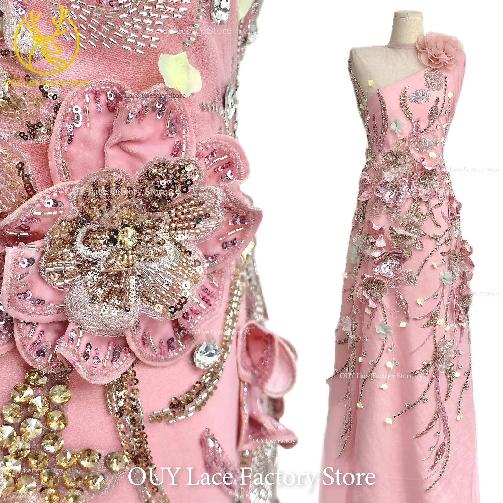 Handmade Luxury Custom 3D Embroidery Flower Gemstone Lace Fabric African Beaded Sequins Lace Fabric Sewing Bridal Wedding Dress