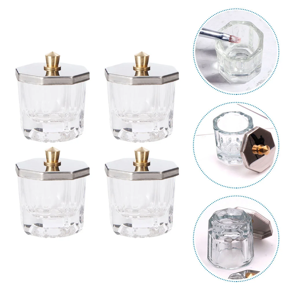 4 Pcs with Cover Nail Octagonal Cup Acrylic Dappen Dish Container Glass Manicure Powder