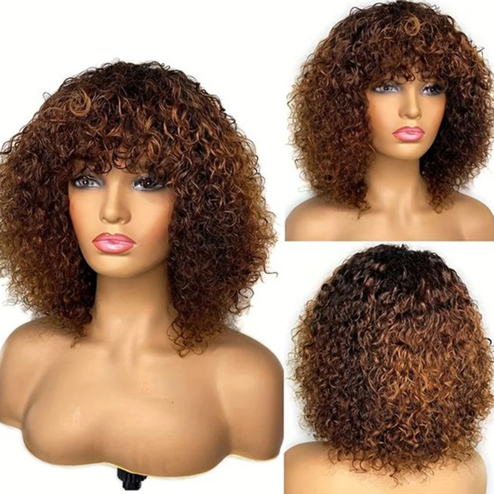 Debut Highligh-Peluca de cabello humano rizado con flequillo para mujeres negras, pelo Remy peruano, Jerry