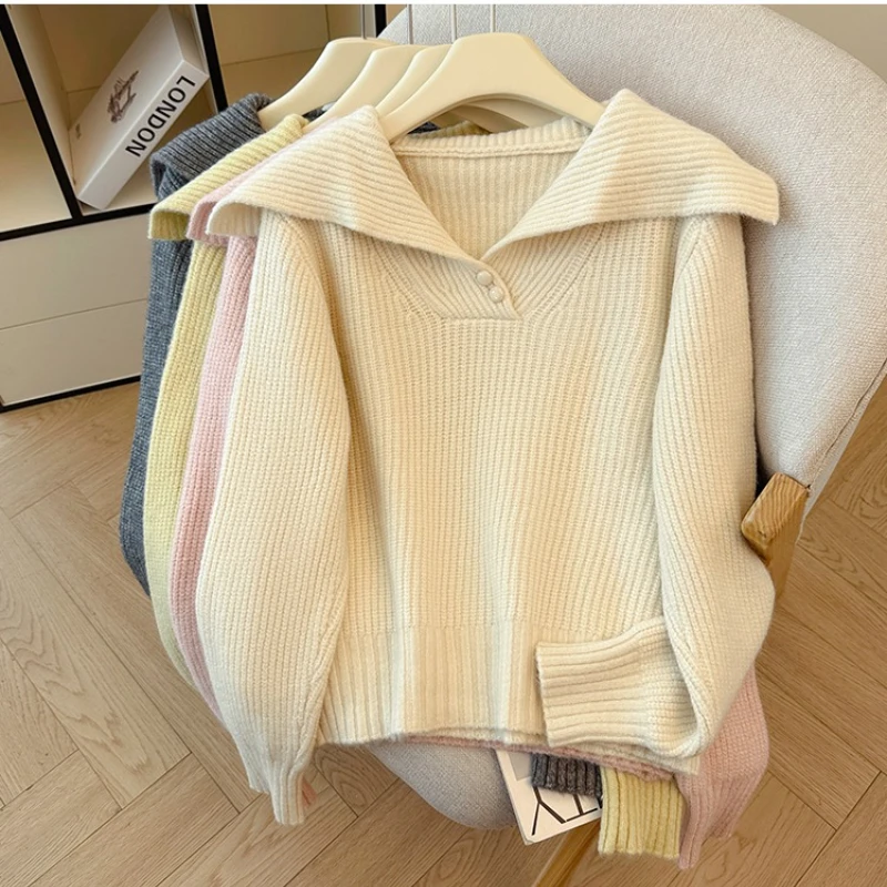 

High Quality Sailor Collar Knitted Sweater Women Fall Winter Korean Style Long Sleeve Pullovers Pink Lapel Sweater Tops ZT321