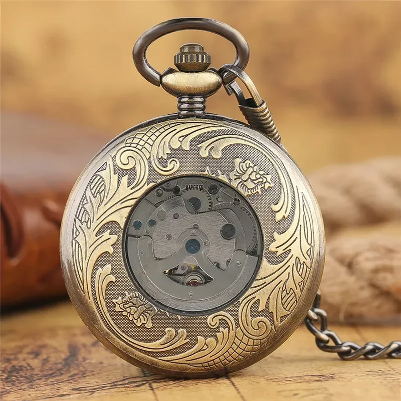 Retro Phoenix Automatic Mechanical Pocket Watch for Men Women Copper Hollow Steampunk Skeleton Watches Fob Pendant Chain Clock