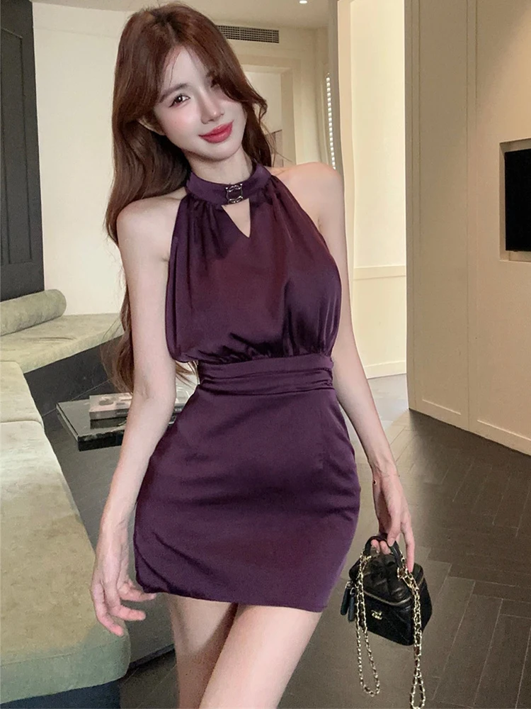 Feminino roxo cetim diamantes pescoço-montado sexy mini vestido 2025 coreano vintage vestido de luxo verão elegante bodycon festival vestido