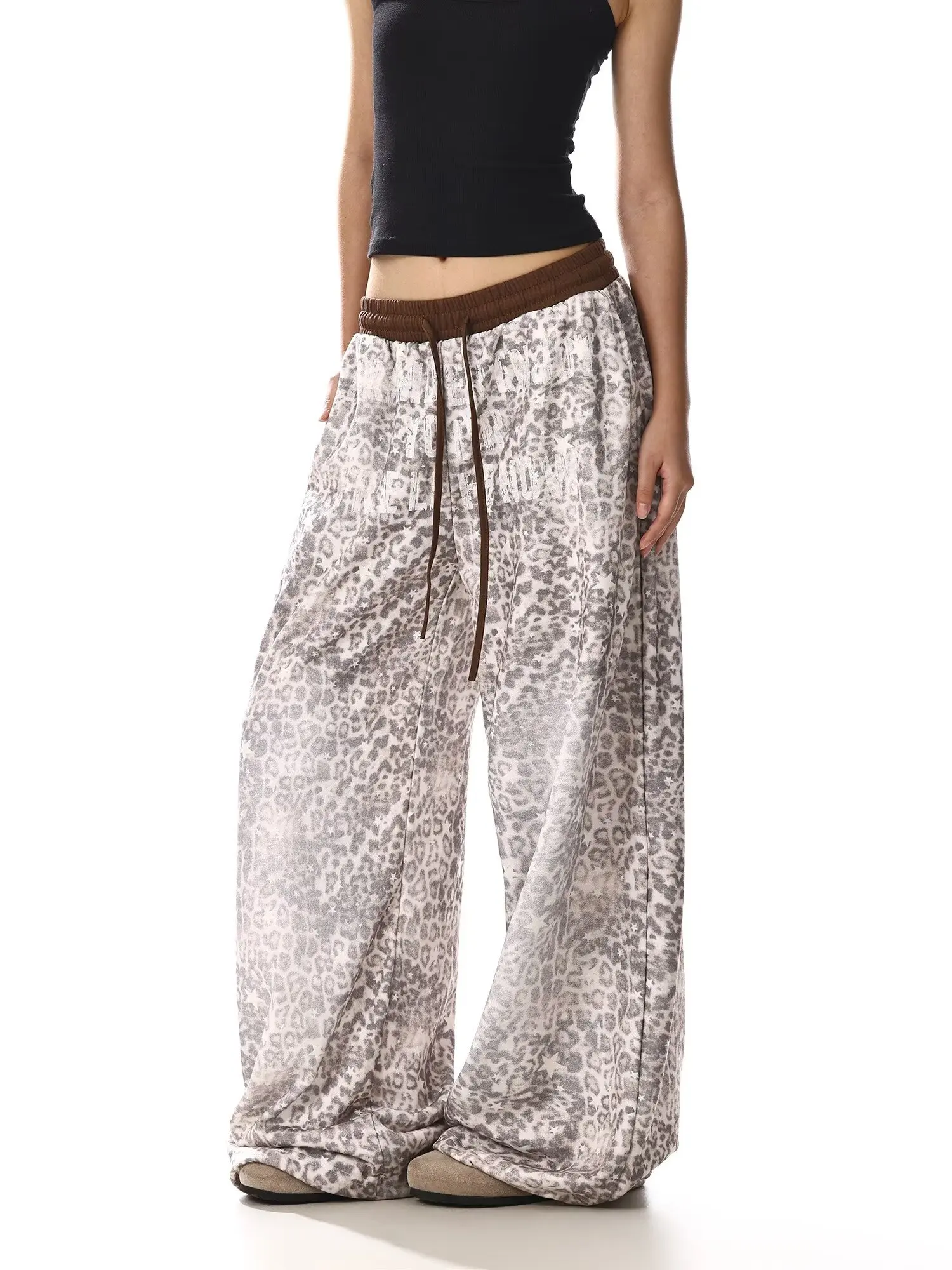 Y2k American Leopard Pants Women High Waist Streetwear Retro Trousers Harajuku Fall Winter Casual Bf Lace Up Pants