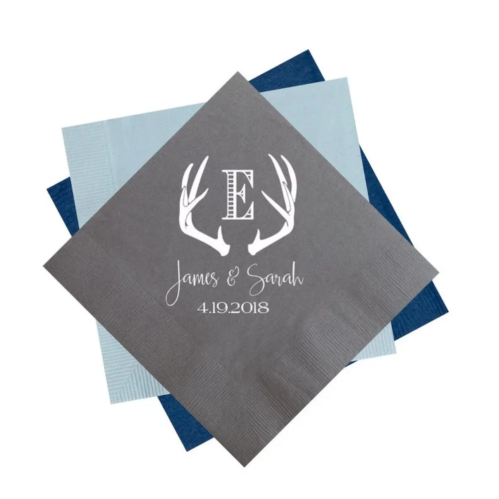 

Personalized Antler Napkins, Wedding Reception Napkins, Rustic Wedding,Cocktail,Hangover Beverage Napkins,Commemorative, 50Pcs