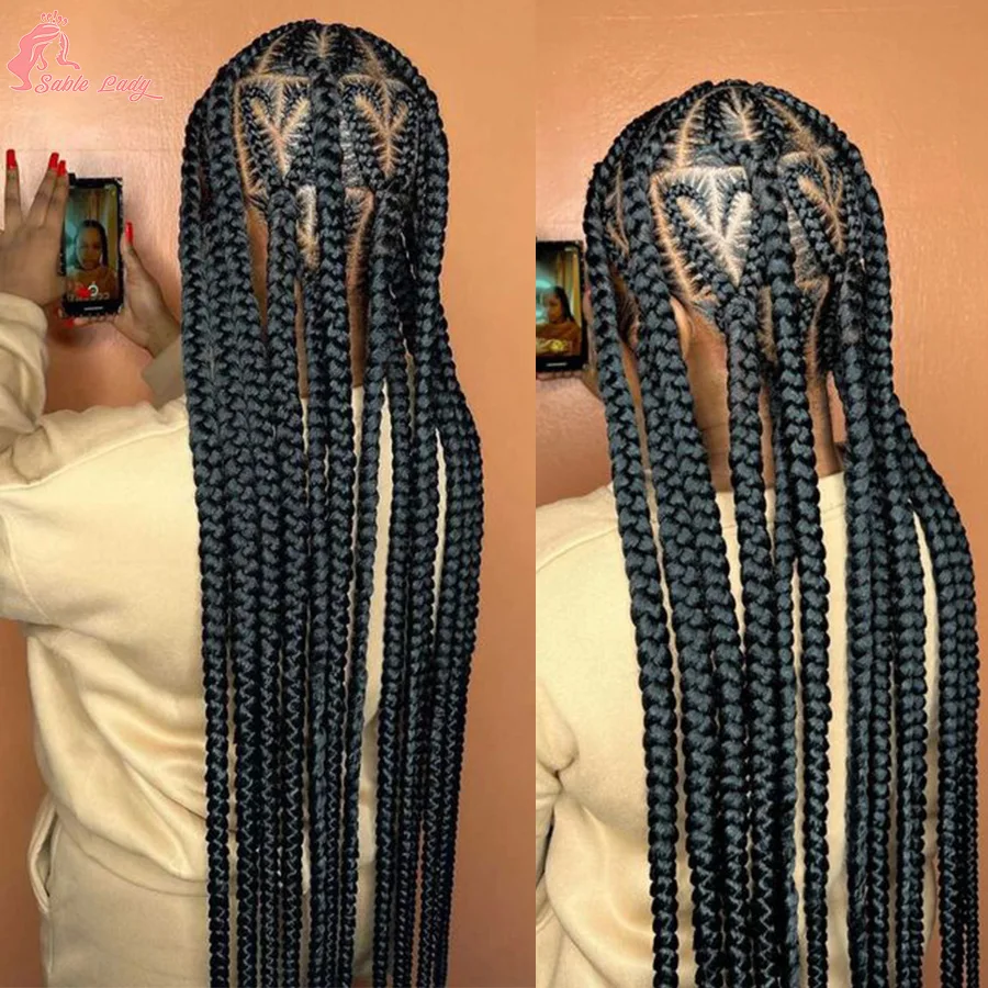 New Synthetic Full Lace Heart Knotless Box Braids Wig 36'' Afro Cornrow Braided Wigs For Black Women With Baby Hair Braiding Wig