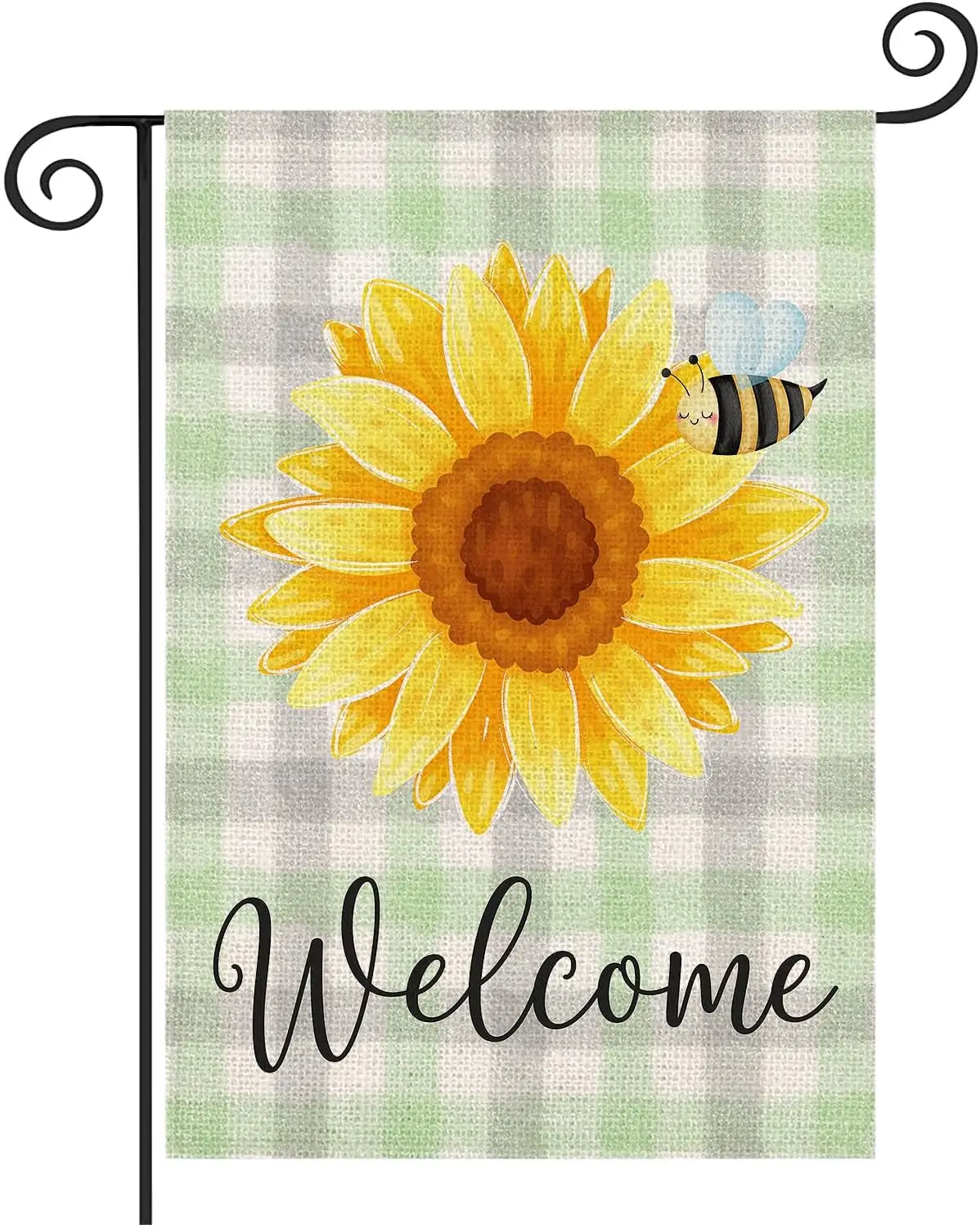 Sunflower Bee Welcome Burlap Garden Flag 12x18 Inch Vertical Double Sided Outside Spring Summer Floral Farmhouse Buffalo Plaid Y