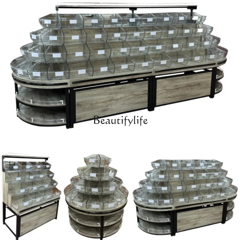 

ls 35Supermarket Steel Wood Double-Sided Four-Layer Scattered Snack Display Cabinet Food Shelf round Island Cabinet