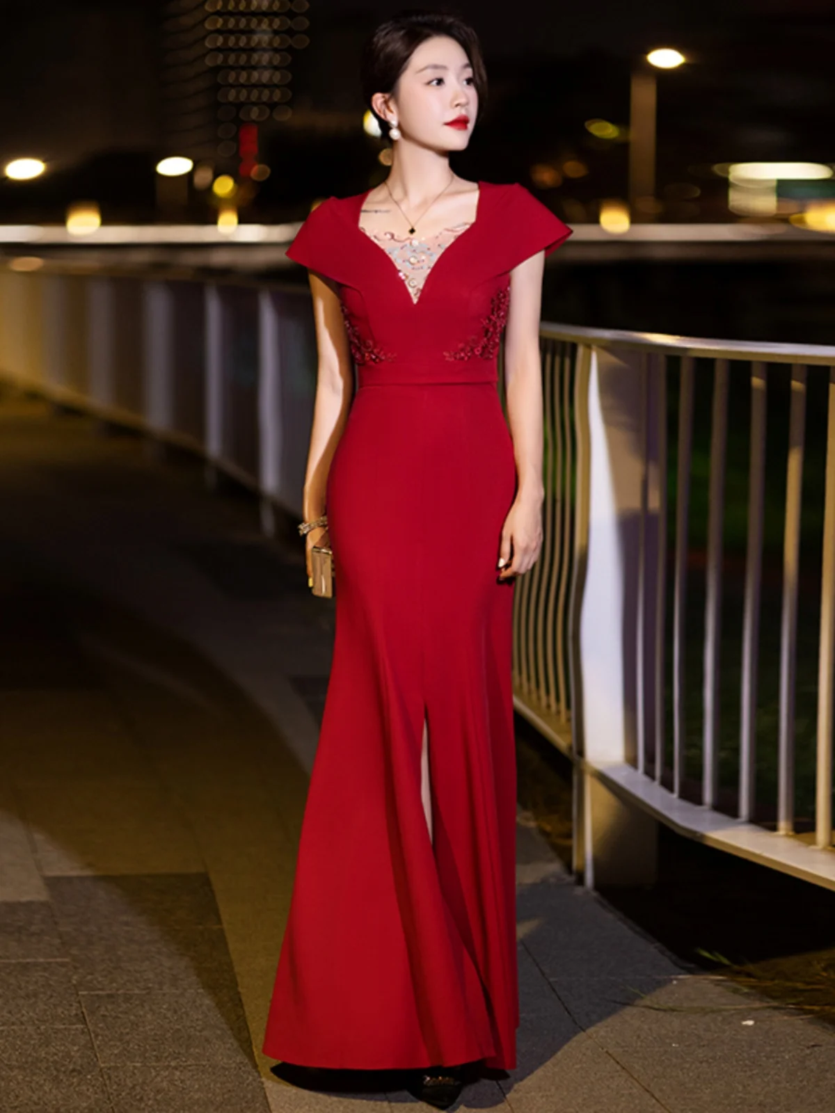 

Ele Evening Gown for Wedding Mothers Fi Tail Sle Long Dr ort Sve Deep V Ne Polyester And Spandex Fabric