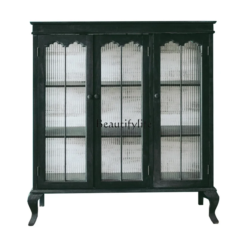 

American solid wood retro black wine cabinet living room art display cabinet French 3 doors