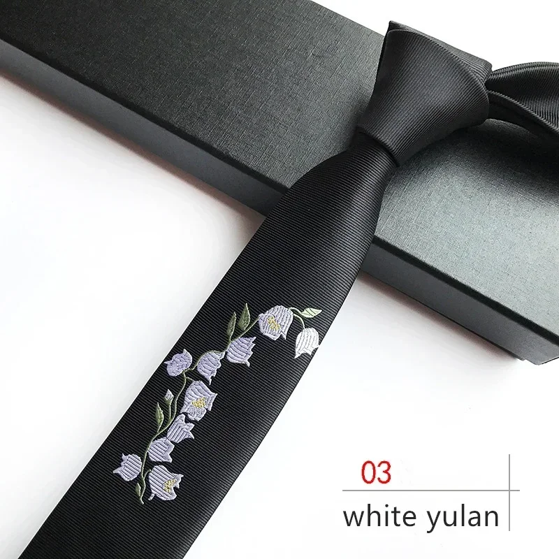 Personalized Skinny Tie White Yulan Embroidery Tie Narrow Necktie Formal Dress Accessory Birthday Present Graduation Cravat