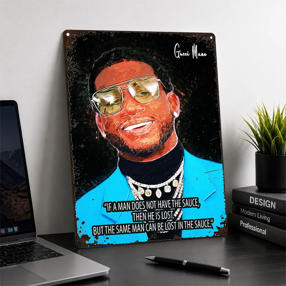 Gucci Mane Blue Jacket Portrait Aluminum Poster Painterly Wall Art For Music Studio Personalized Metal Sign Concertgoer Gift