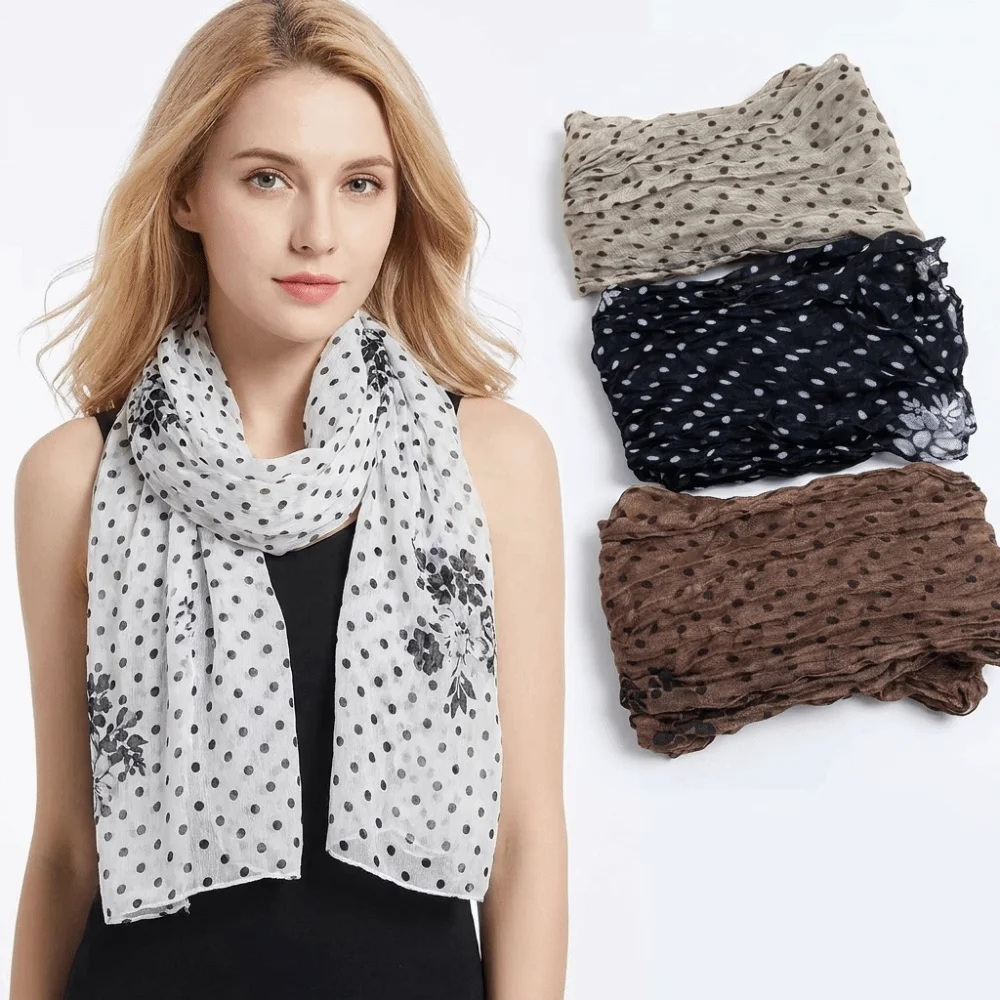 Cotton Linen Polka Dot Scarf Wrinkle Twisted Long Summer Scarves for Women Sunscreen Shawls Lightweight Women's Neckerchief