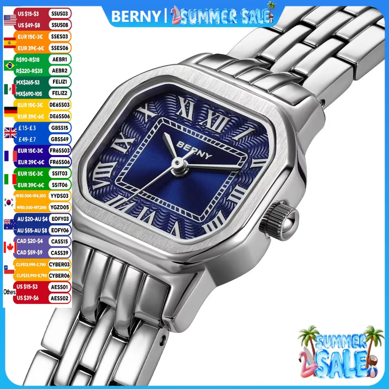 

BERNY Watches for Women Luxury Fashion Elegant Square Small Dial Ladies Dress Quartz Watch Silver Stainless Steel Wristwatch