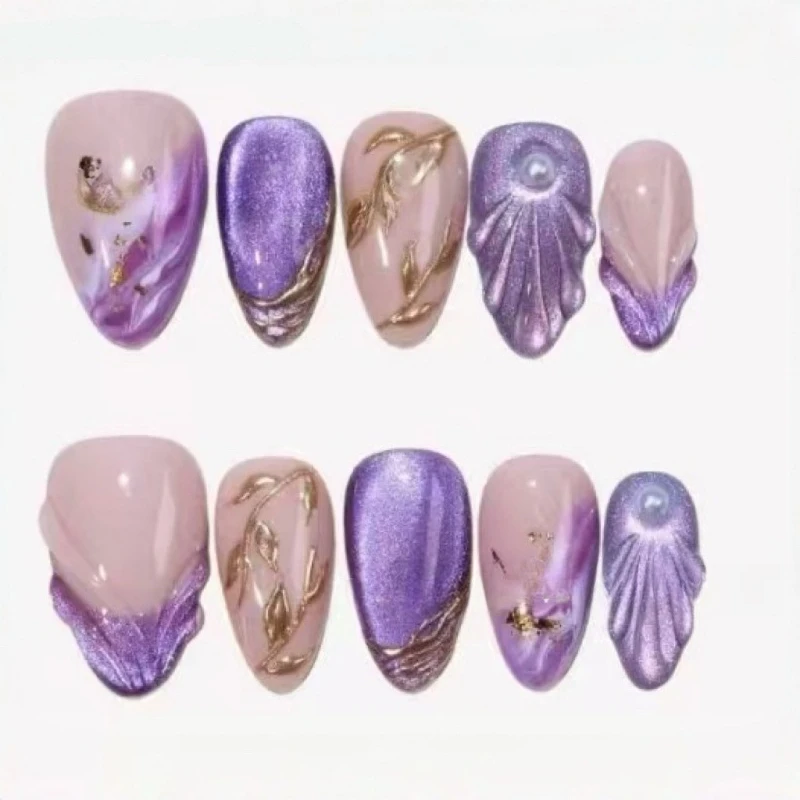 

24PCS Aurora Golden Patterns French False Nails with Glue Purple Gradient Sweet Almond Press on Nails 3D Shells Fake Nails Tips