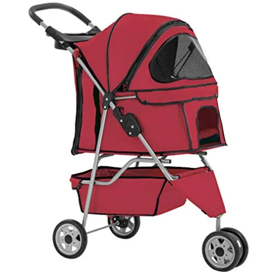 

Travel stroller for medium/small dogs and cats: waterproof red 3-wheel folding carrier with cup holder and removable liner