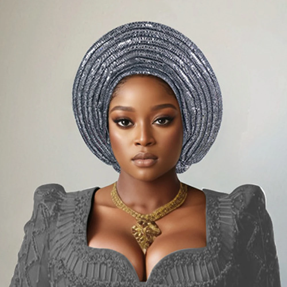 

Sequins African Autogele Headtie Nigeria Wedding Geles Already Made Auto Gele Women Head Wraps Female Turban Cap Party Headgear