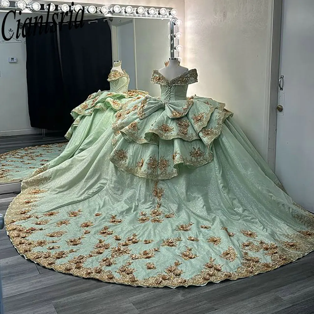 Mintgrün Kristall Perlen Rüschen Quinceanera Kleider Ballkleid 3D Blumen Applikationen Spitze Korsett Vestidos De XV Anos