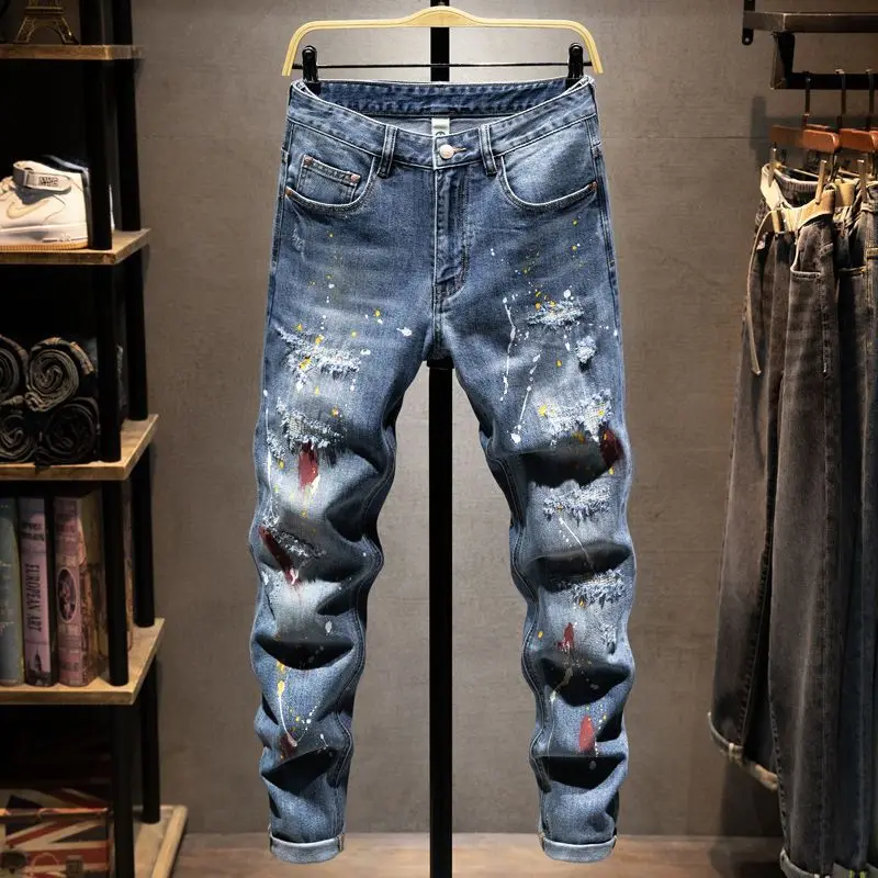 

2025 Ripped Jeans Men's Trendy Brand New Ink Graffiti Scratched Patch Autumn Elastic Slim-fit Pants Trousers for Man Clothing