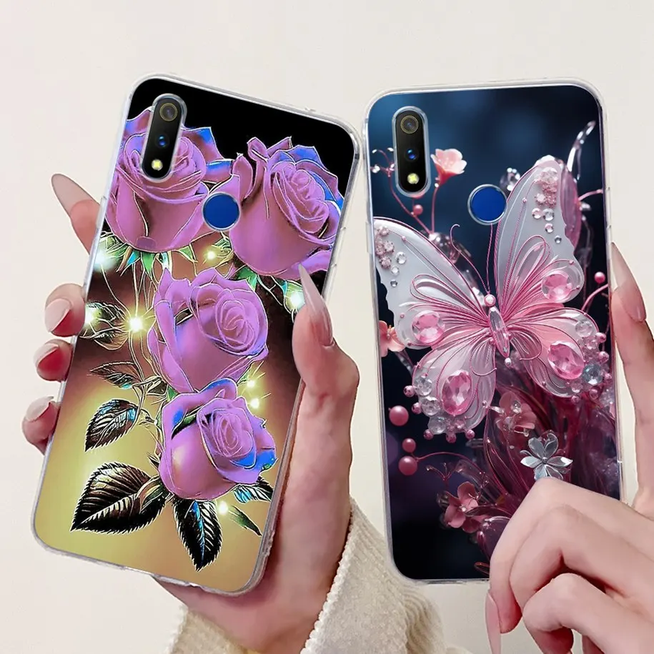 For Realme 3 Pro Case RMX1851 Butterfly Rose Flower Print Soft Silicone TPU Cover For Oppo Realme X Lite 3pro Phone Case Bumper