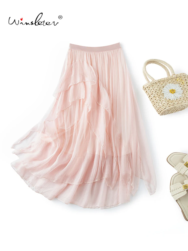 

Winsleter-100%Silk Elegant Skirts, Elastic Waist Irregular Ruffles, Women Fairy Party A-line Skirt, 2026 Summer New B65749CC