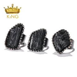 Women Beautiful Energy Black Tourmaline Stone Ring Gunmetal Natural Stone Wide Birthday Gift Ring