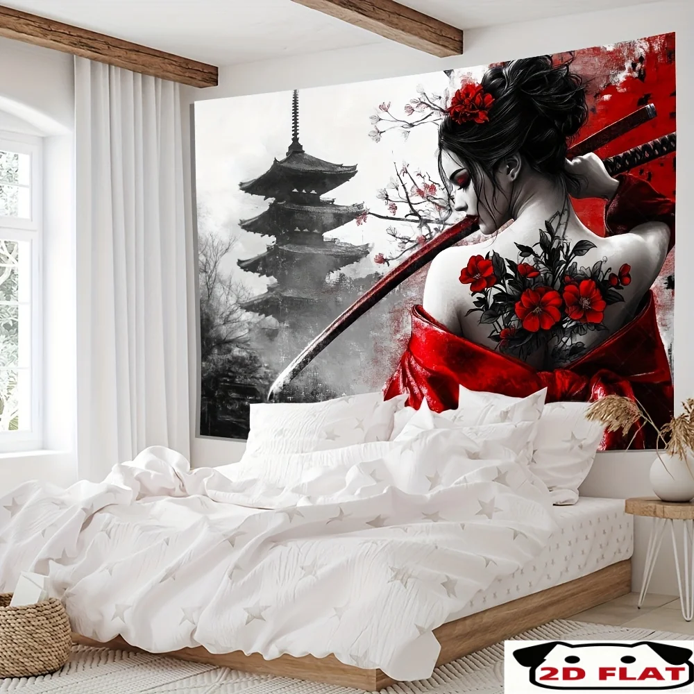 Japanese Geisha Samurai Sword Red Kimono Pagoda 2D Flat Tapestry Backdrop For Bedroom Decor Asian Art Wall Hanging Art Print