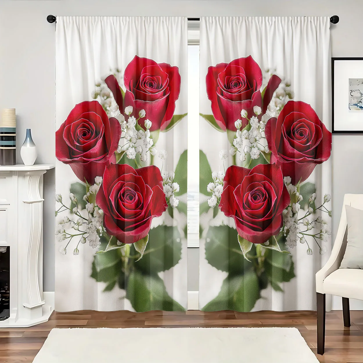 Vibrant Red Rose Floral Print Curtains for Living Room Bedroom Home Decor Window Drapes