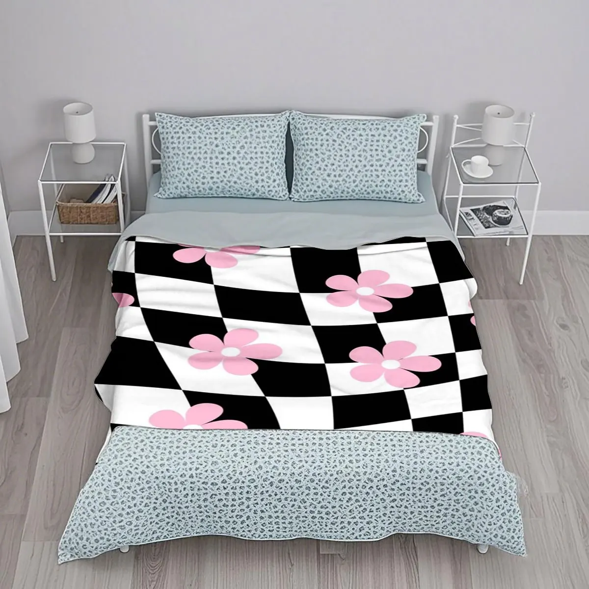 Black And White Checkered Pink Small Floral Print Blanket, Soft Warm Thickened Fleece Throw, All-Season Home Nap Air Conditioner