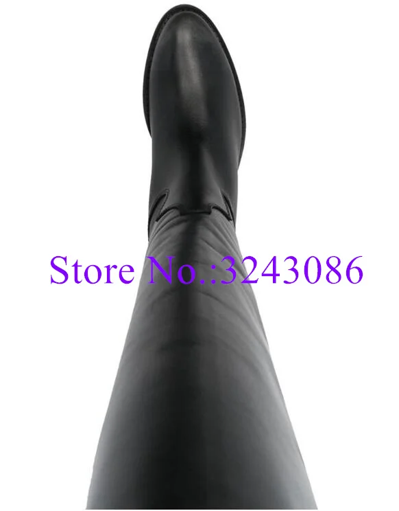 Black Leather Woman Flat Long Boots Fashion Printed Flower Round Toe Lady Knee High Boots Sexy Female Large Size Snow Boots