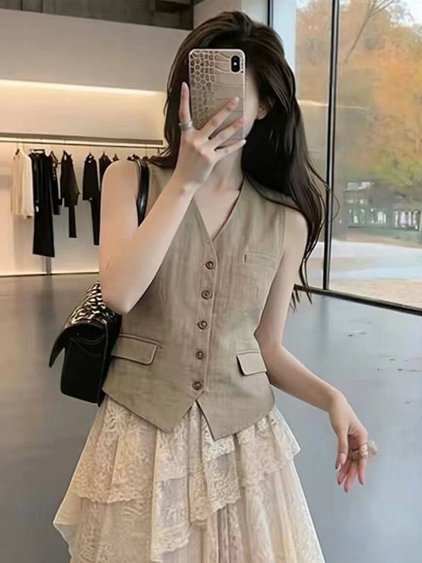 Elegant Lace Half-Skirt Vest Set for Women in Khaki Color Summer New Style Two-Piece Suit Commute Style Polyester Fiber Breat...